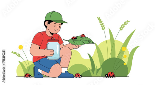 Young Person Exploring Nature, Observing the Ladybugs, and Studying the Environment Around