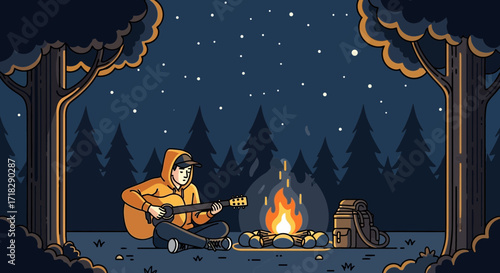 Nighttime Serenade: A Person Plays Guitar By The Campfire Under A Starry Sky