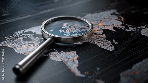 Magnifying glass reveals glowing continents on a detailed world map, highlighting global connection and exploration for strategic business insights and research.