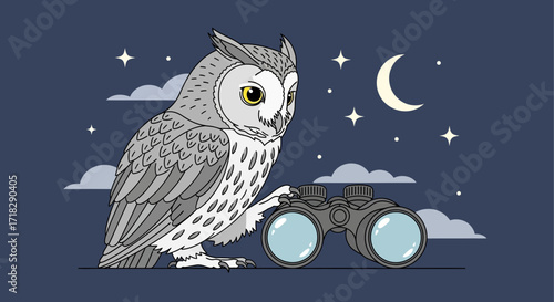 Nocturnal Owl Observing The Night Sky Using Binoculars Under Moonlight