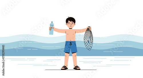 Young Person Holds Net And Waste Bottle Representing Environmental Cleanup Efforts