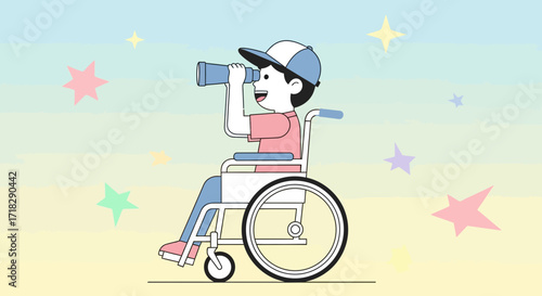 Young Person In A Wheelchair Gazing With Telescope At The Starry Sky And Bright Future