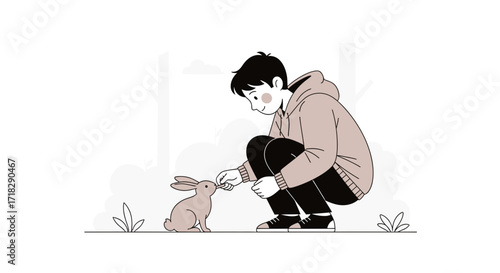 Young Person Interacting With A Bunny, Cute Illustration Of Human-Animal Bond