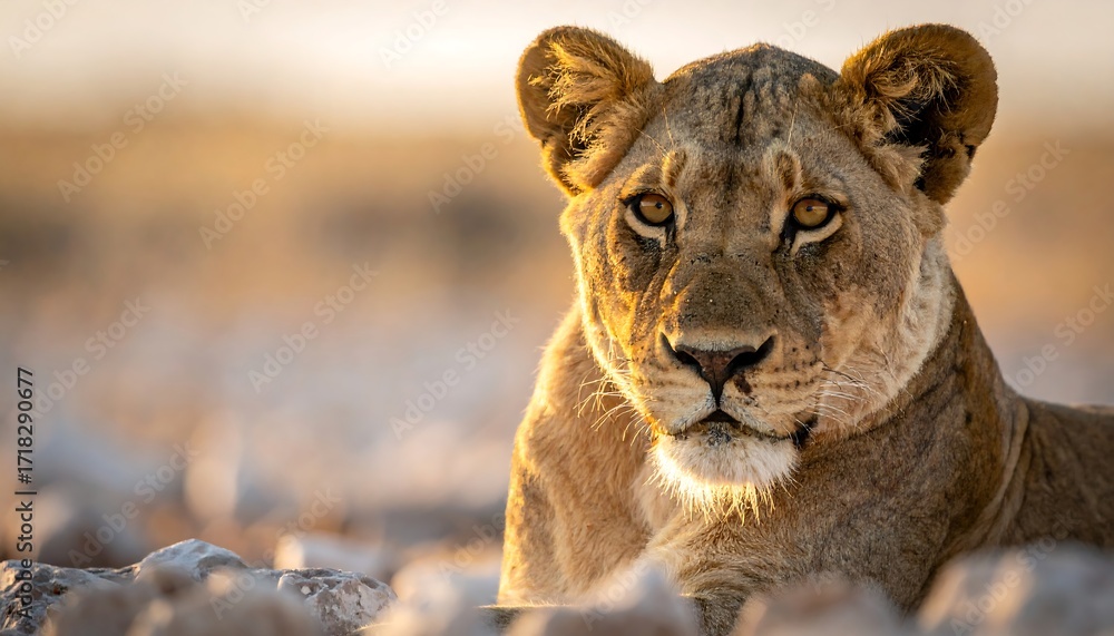 Obraz premium Majestic lioness, golden light, rocky terrain