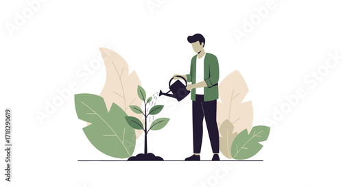 Nurturing The Future: A Modern Illustration Of Planting And Caring For Growth And Trees