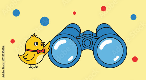 Observant Avian Friend Gazing Through Binoculars On Sunny Yellow Backdrop