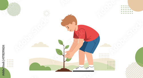 Young Person Planting a Sapling, Celebrating Earth's Renewal and Environmental Stewardship