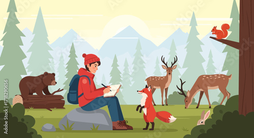 Observant Artist Amidst Forest Fauna: A Serene Moment Capturing Wildlife Wonders