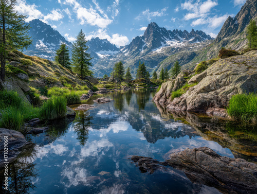 Tranquil mountain lake reflecting lush greenery, rocky terrain, and majestic snow-capped peaks under a vibrant sky filled with scattered clouds during daytime