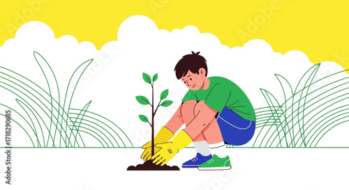 Young Person Planting New Growth Under A Bright Sky Depicts A New Beginning And Sustinability