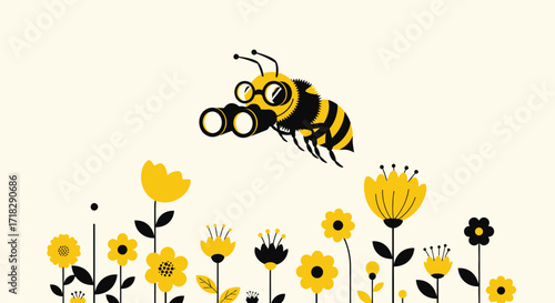 Observant Bee Inspecting Floral Meadow With Binoculars And Botanical Flowers