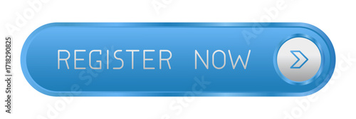 Modern blue rounded CTA button with shine, "Register now" text, arrow icon, 3D effect, web UI element for landing pages, mobile apps or banners.