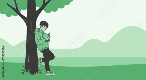 Young Person Reading Book Outdoors: Leisurely Afternoon Under Tree in Nature