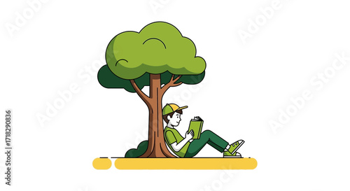Young Person Reading Book Under Tree Shade, Illustration, Leisure Time, Outdoor Scene