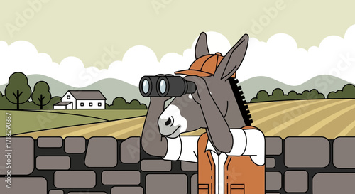 Observant Donkey Carefully Uses Binoculars Examining Agricultural Terrain and The Horizon
