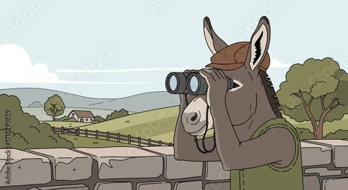 Observant Donkey Character Gazing Over Rural Landscape with Binoculars Enjoying Nature