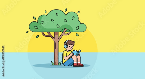 Young Person Reading Under A Tree, Enjoying Music And A Book In The Outdoors