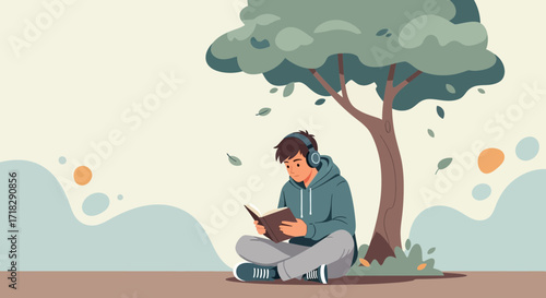 Young Person Reading Under a Tree While Listening to Music in a Peaceful Environment