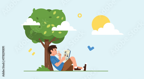 Young Person Reading Under Tree While Enjoying Sunny Day in Summer