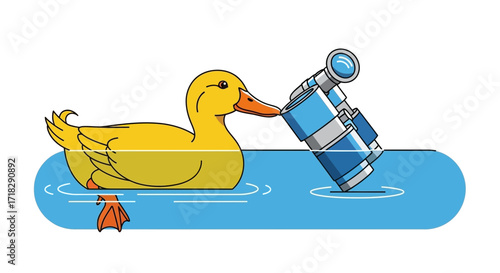 Observant Duck Floating With Binoculars Ready To Explore The World.