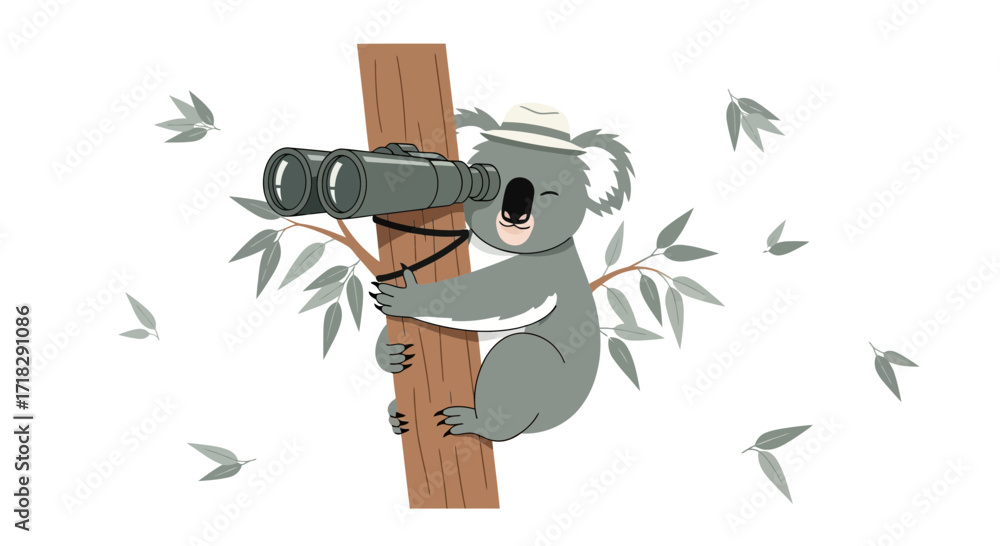 Fototapeta premium Observant Koala Using Binoculars While Perched On A Tree Trunk Exploring the Forest Environment