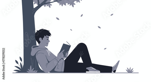 Young Person Relaxing With A Book Outdoors Under The Shade Of A Tree