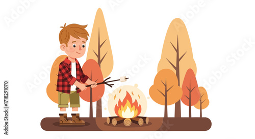 Young Person Roasting Marshmallow over a Campfire in a Scenic Autumnal Environment