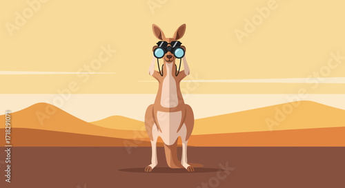 Observant Kangaroo In The Outback, Binoculars, Curious Animal Looking For Something