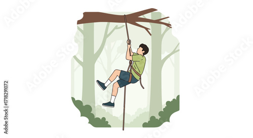 Young Person Scaling Vertical Rope In Forest Environment Depicting Adventure And Persistence