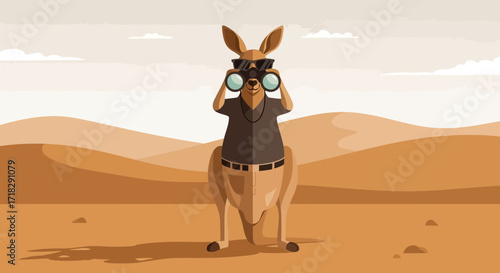 Observant Kangaroo Poses With Binoculars Against Desert Backdrop, Cartoon Illustration