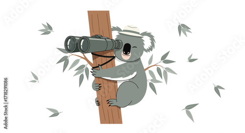 Observant Koala Using Binoculars While Perched On A Tree Trunk Exploring the Forest Environment