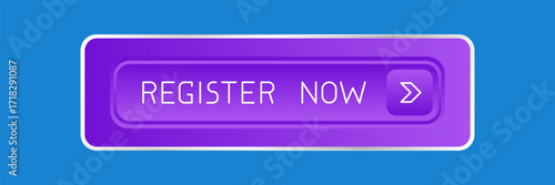 Modern purple rounded CTA button with shine, "Register now" text, arrow icon, 3D effect, web UI element for landing pages, mobile apps or banners.