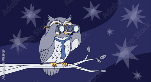 Observant Owl Gazing At Night Sky Symbols Using Binoculars