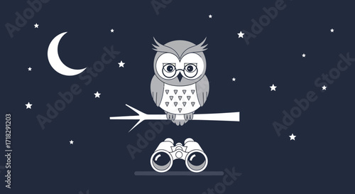 Observant Owl Contemplating Beneath Crescent Moon, Binoculars Below, Starlit Landscape