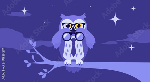 Observant Owl in Nightscape with Binoculars, Perched on a Branch, Looking ahead