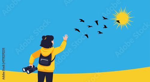 Young Person Watches Birds Fly Into the Sky Under the Shining Sun's Warmth