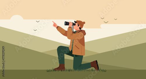 Observant Person Using Binoculars to Spot Birds in Scenic Natural Environment Scenery