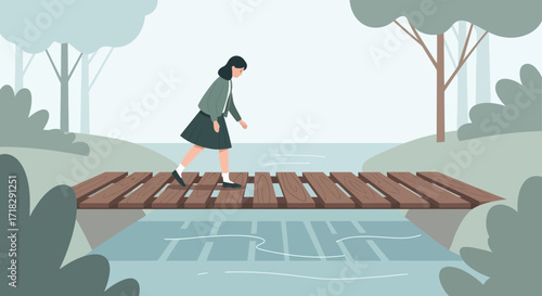 Young Person Walks Across A Wooden Footbridge In A Serene Forest Environment