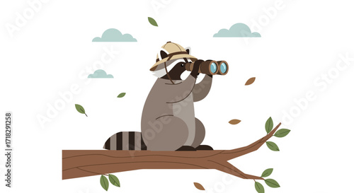 Observant Raccoon With Binoculars Perched On A Branch Amidst A Serene Landscape Scene