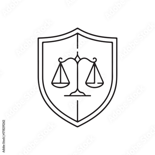 Justice Scales in Shield Continuous Line Art Minimalist Law Vector Illustration