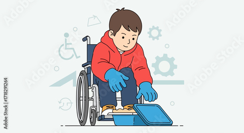 Young Person With Disabilities Enjoying Everyday Tasks and Actvities in Illustration