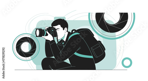 Young Photographer Capturing Moments with a DSLR Camera and Stylish Backpack Details