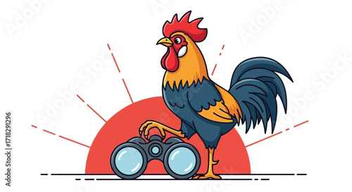 Observant Rooster With Binoculars Standing Front of the Rising Sun and a Clear White Background