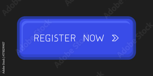 Modern blue rounded CTA button with shine, "Register now" text, arrow icon, 3D effect, web UI element for landing pages, mobile apps or banners.