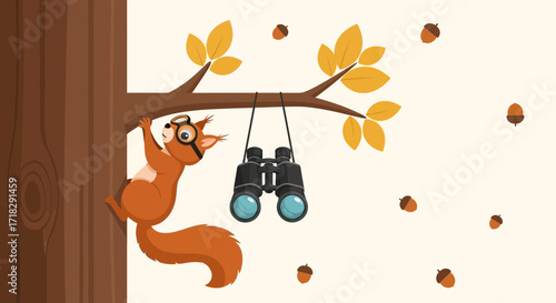 Observant Squirrel With Binoculars Ready to Observe Nature Amidst Falling Autumn Acorns