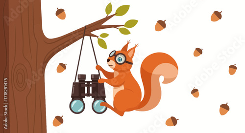 Observant Squirrel Inspecting Acorns and His Surroundings Through Binoculars in a Tree