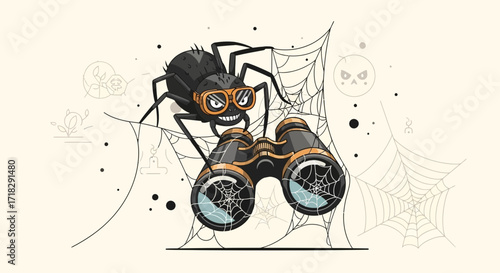 Observant Spider Armed With Binoculars Gazing At Surroundings In Halloween Illustration