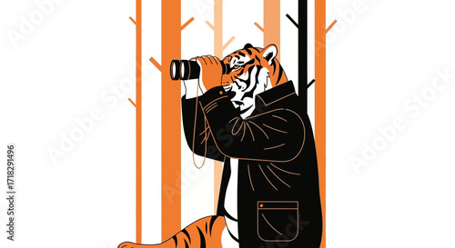 Observant Tiger Investigator with Binoculars Surveying the Surrounding Forest, Illustration