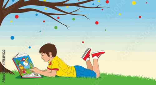 Young Reader Enjoys Colorful Storybook Beneath Tree, Relaxing Outdoors Under Sunshine