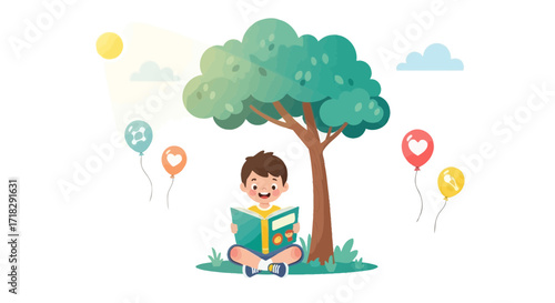 Young Reader Finds Joy Beneath a Shady Tree Amidst Balloons Flying Through the Air